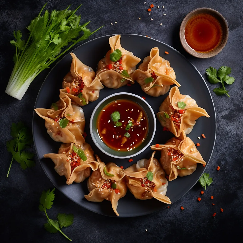 Wontons filled with chicken in a circular shape with a sweet and spicy sauce on the top.