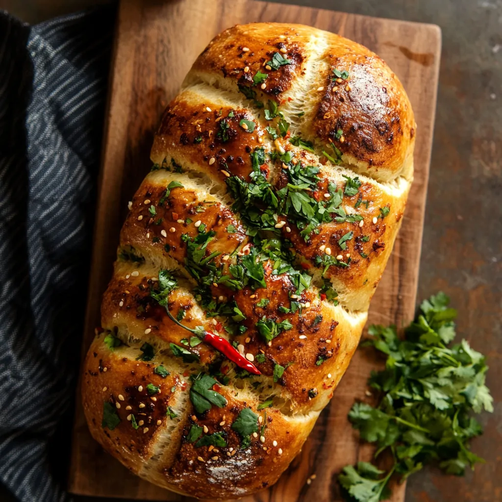 The finished dish is vibrant and aromatic. The golden-brown loaf sits on a rustic wooden plank. Dotted with flecks of freshly chopped green parsley and garnished with a single twirl of thinly sliced red chili pepper, it is a visual feast.