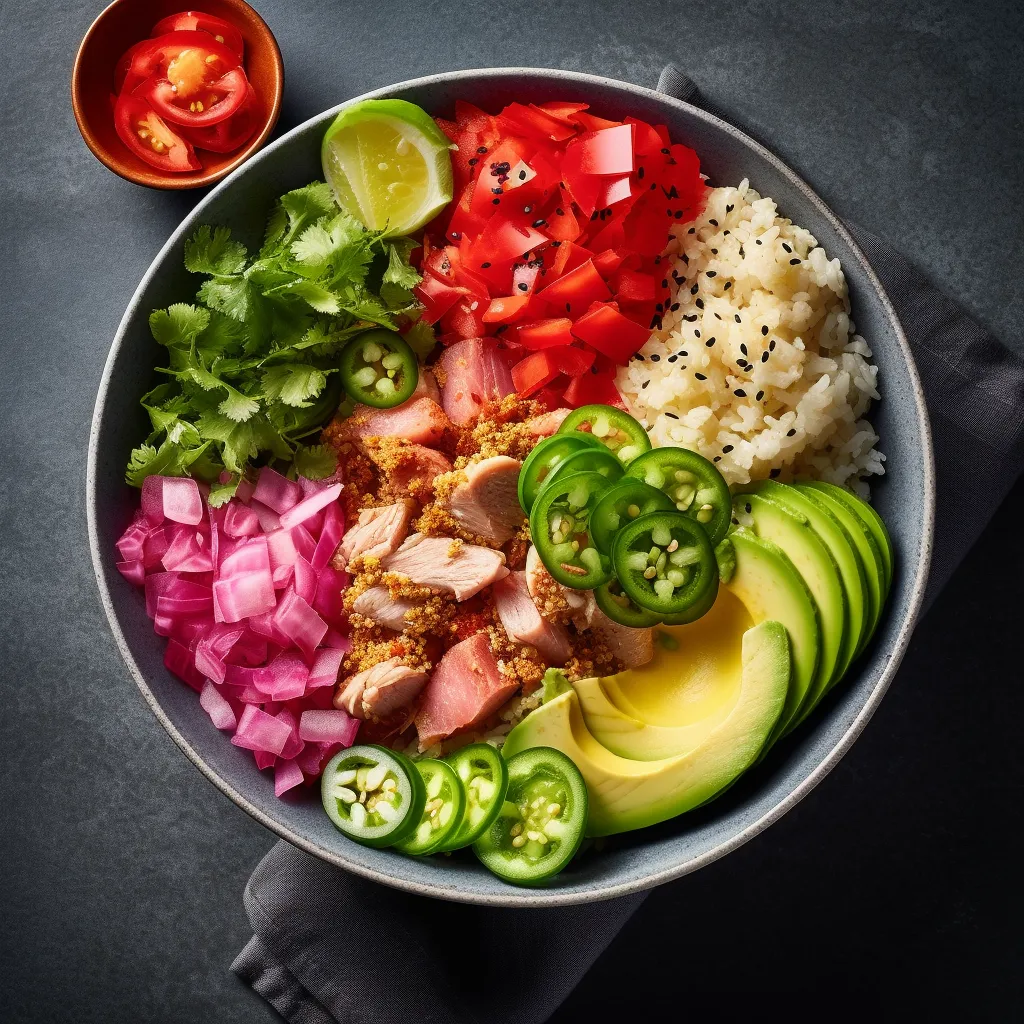 A colorful bowl filled with cauliflower rice, spicy tuna, guacamole, pickled jalapeños, radishes and sprouts.