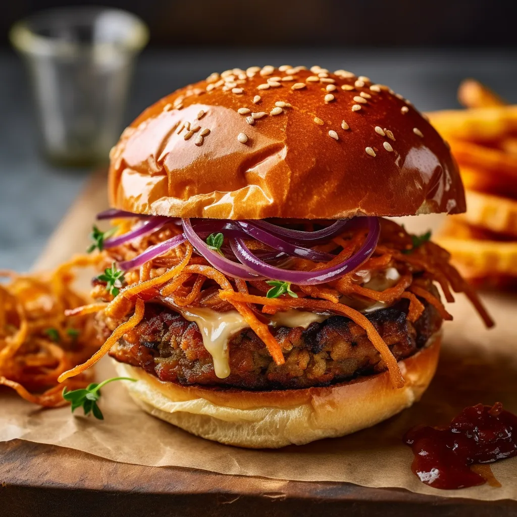 A hearty and filling burger, with a golden turkey patty and a spicy red BBQ sauce, topped with crispy onions, carrot slaw and soft brioche buns.