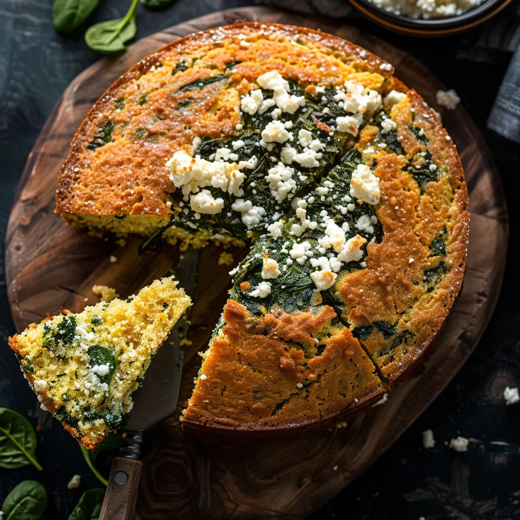 A golden-brown, slightly crumbly cornbread, cut open to reveal a burst of vibrant green spinach and bits of white feta cheese. A slice of this bread on a rustic wooden board, slightly tilted to showcase the beautiful filling, while the main loaf sits nearby, steam still wafting from the cut.