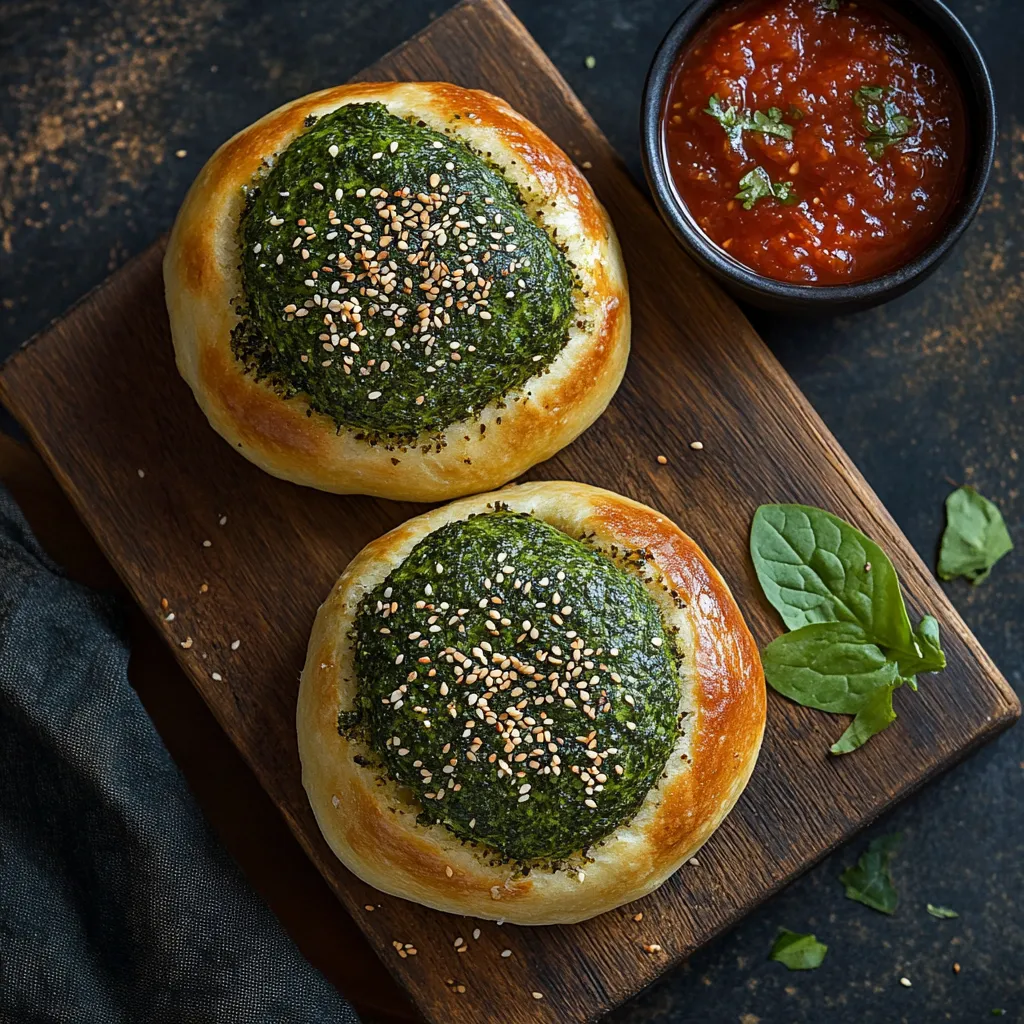 Two elegant bread rolls sit atop a rustic wooden board. They emanate inviting greenish hue intercepted by golden toasty spots. They are crowned by a sprinkle of sesame seeds, with a pot of vibrant tomato chutney blushing next to it.