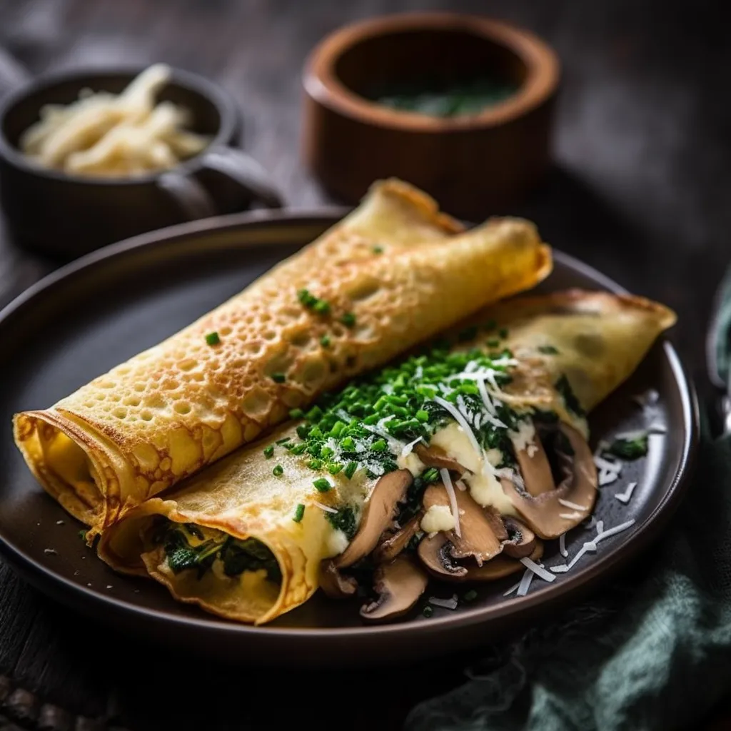 A stack of golden-colored, thin and crispy crepes, with a flavorful filling of spinach, mushrooms, and cheese spilling out from the sides. Topped with grated cheese and fresh herbs.