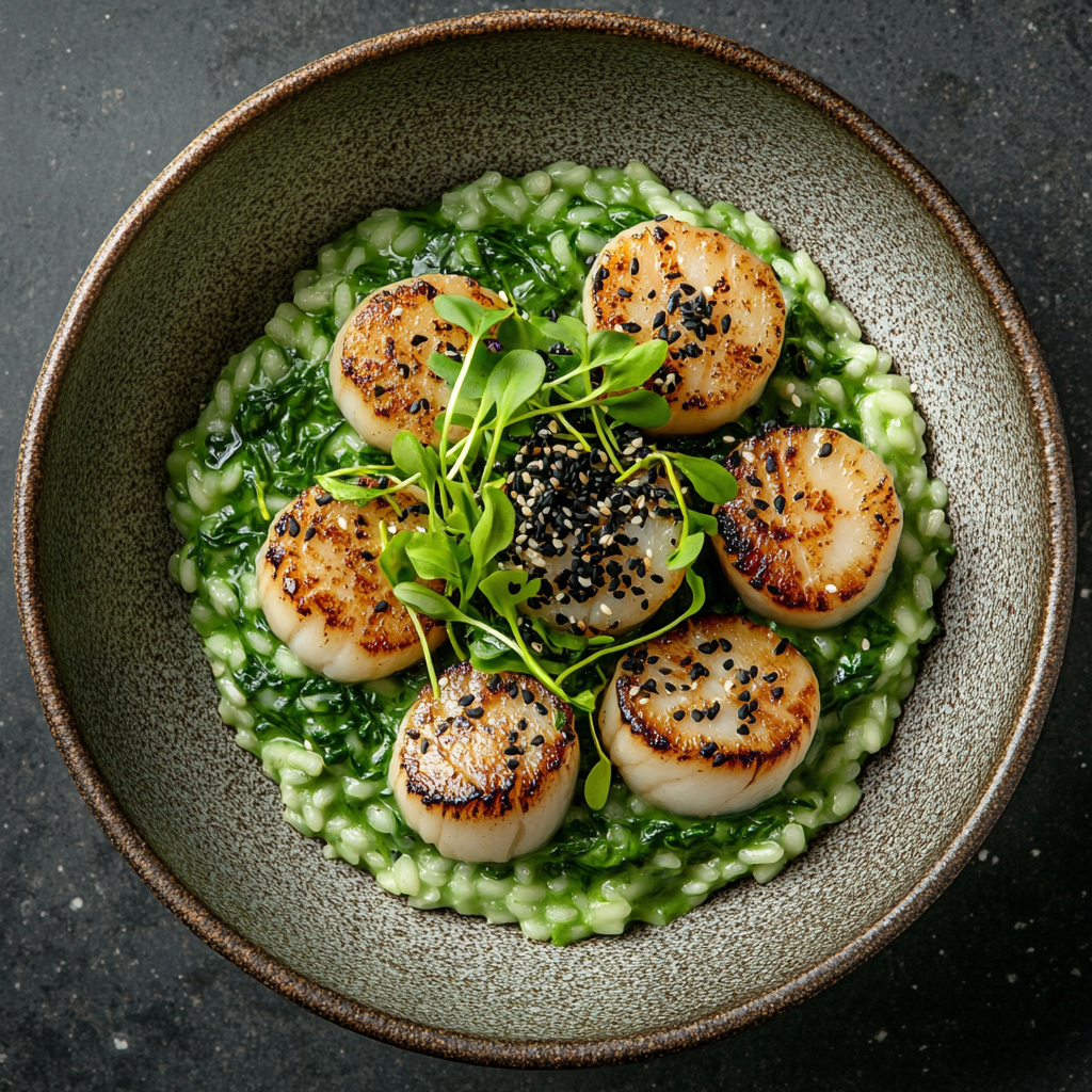 Spinach Parmesan Risotto with Seared Scallops and Yuzu Sauce
