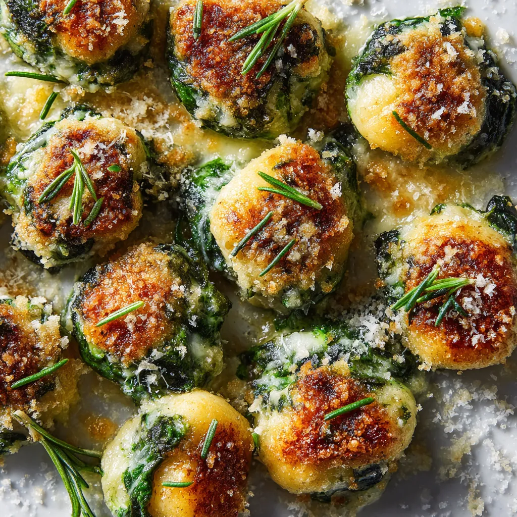 Golden brown mounds of gnocchi glistening under a melted parmesan crust. The bright green flecks of spinach peeking through the gooey ricotta filling add bursts of color. A light dusting of finely chopped fresh rosemary finishes the look.