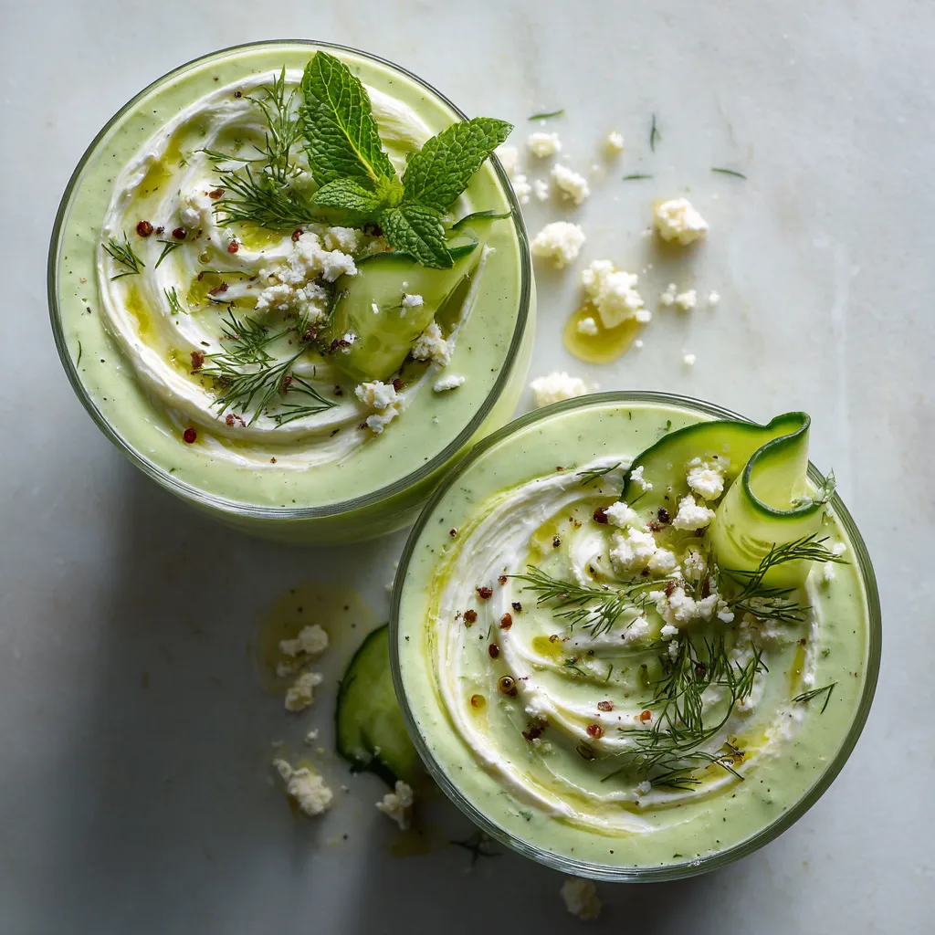 Two pale jade smoothies in clear glasses, topped with a swirl of yogurt, tiny dill fronds, mint ribbons, cucumber half-moons, cracked pepper, crumbled feta, and a glossy drizzle of olive oil.