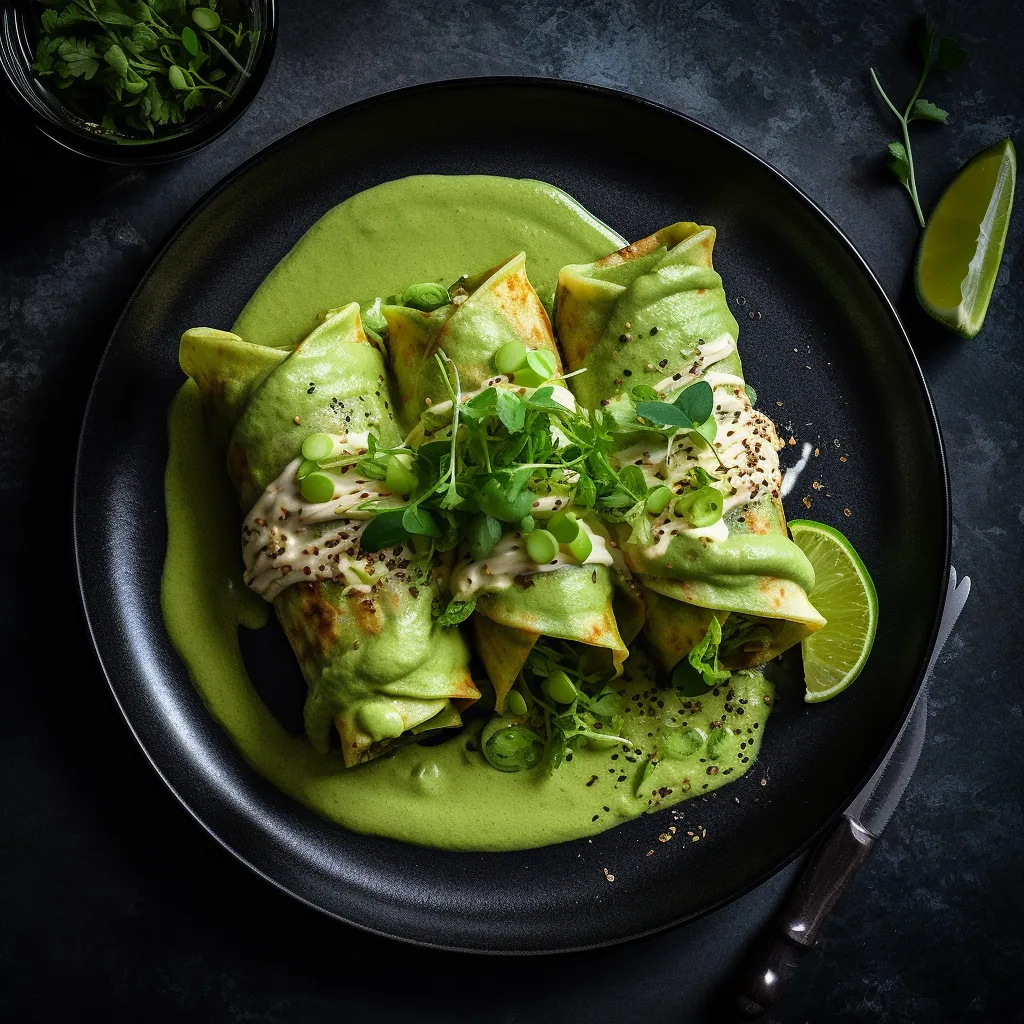 Two enchiladas sitting on top of a pool of vibrant green avocado sauce, garnished with chopped cilantro and a slice of lime.