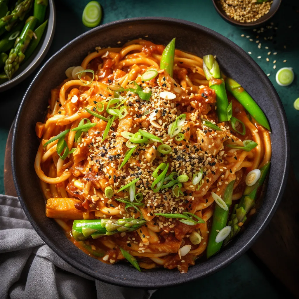 A vibrant plate of noodles mixed with fresh spring vegetables in a spicy red sauce topped with sesame seeds and green onions.