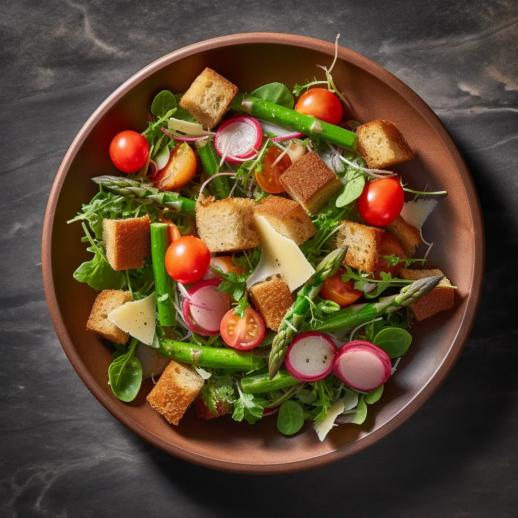 A colorful plate of mixed greens topped with shaved asparagus, snap peas, radishes, and cherry tomatoes, and garnished with rustic herbed croutons. 