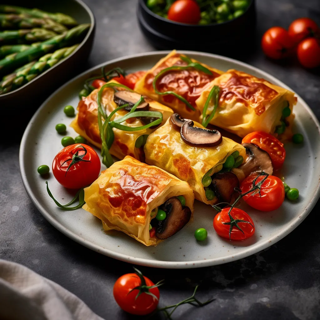 A thick and fluffy Japanese omelette filled with crispy snap peas, tender mushrooms, and juicy tomatoes, all wrapped up in a neat package and sliced into bite-sized pieces.