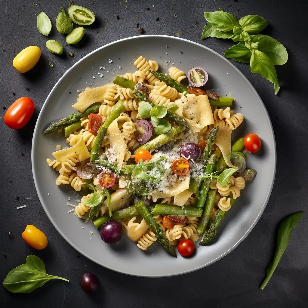 A plate of pasta and colorful vegetables in a creamy sauce.