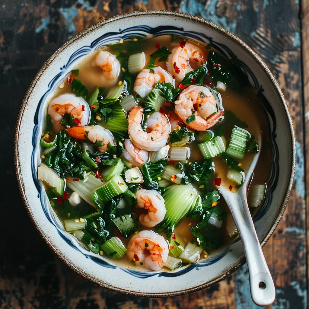 A criminally tempting, soul-soothing broth, chock-full of loads of pink, succulent shrimps, vibrant green Bok Choy, and glistening slivers of ginger, served in an elegant white or blue bowl, provides an enticing contrast that is visibly pleasing against a rustic wooden backdrop. A ceramic spoon, dished up with this culinary magic sits on the side, waiting to be savored.