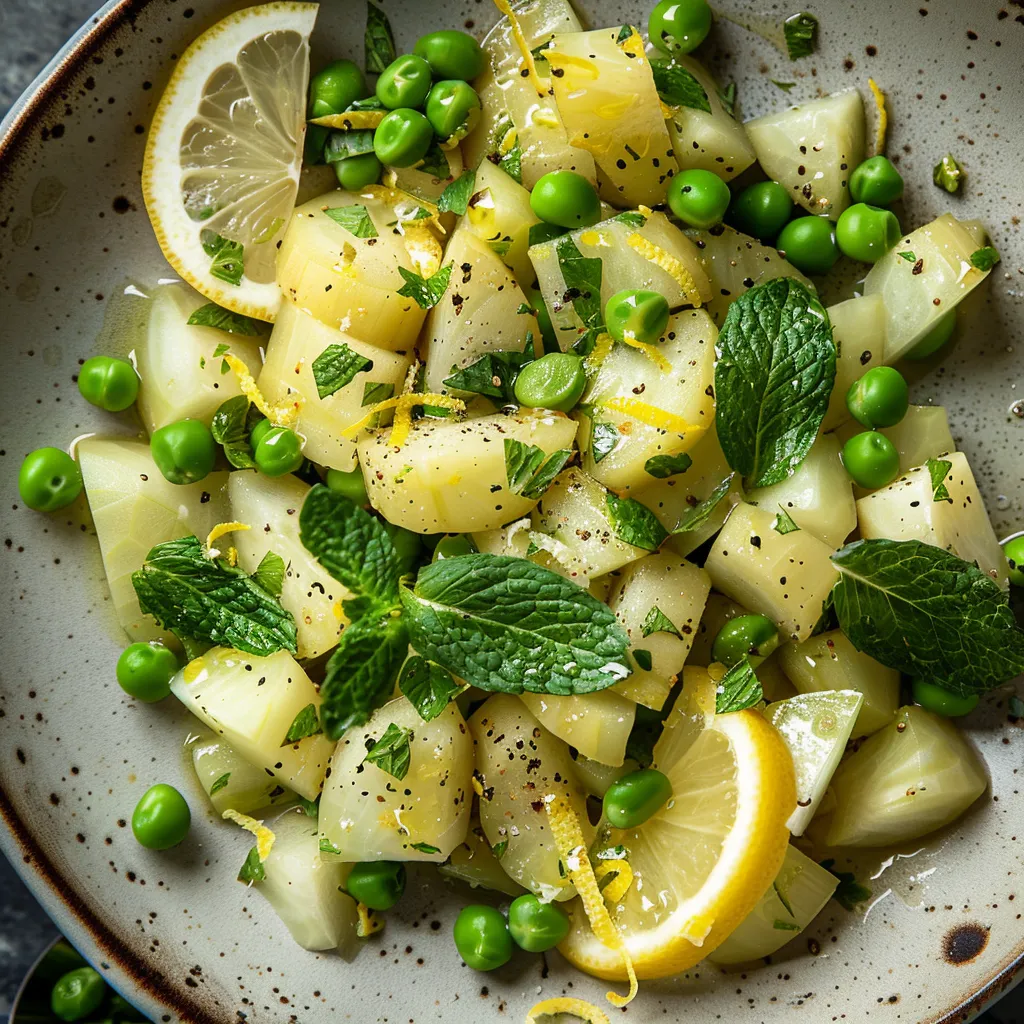 A riot of vibrant greens, with chunks of pale green Kohlrabi interspersed with bright green peas, nestled alongside lemon wedges. Randomly strewn bits of lemon zest and a sprig of fresh mint as garnish add beautiful contrast. Crystal clear lemon vinaigrette oozes around the edge.