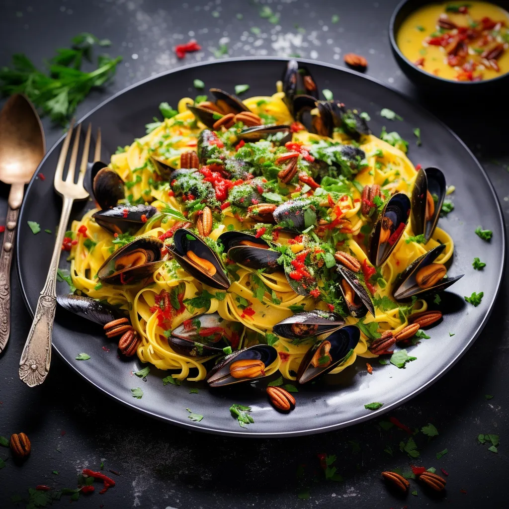 A beautifully plated mountain of golden tagliatelle studded with gem-like, glistening mussels, accented with splashes of ruby red pomegranate seeds. The dish is finished off with a sprinkle of fresh green parsley showcasing a beautiful contrast of vibrant colors.