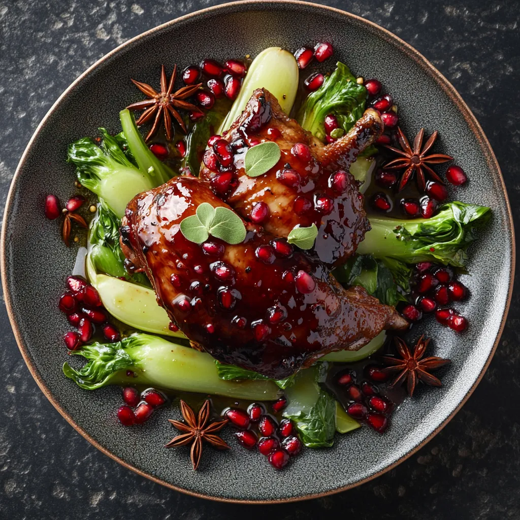 Glazed, roasted duck breast, glistening with pomegranate glaze, atop a mound of wilted, garlicky Pak Choi. Shimmering clusters of ruby pomegranate seeds dot the dish, alongside Star Anise pods, their unique shape enhancing the visual appeal.