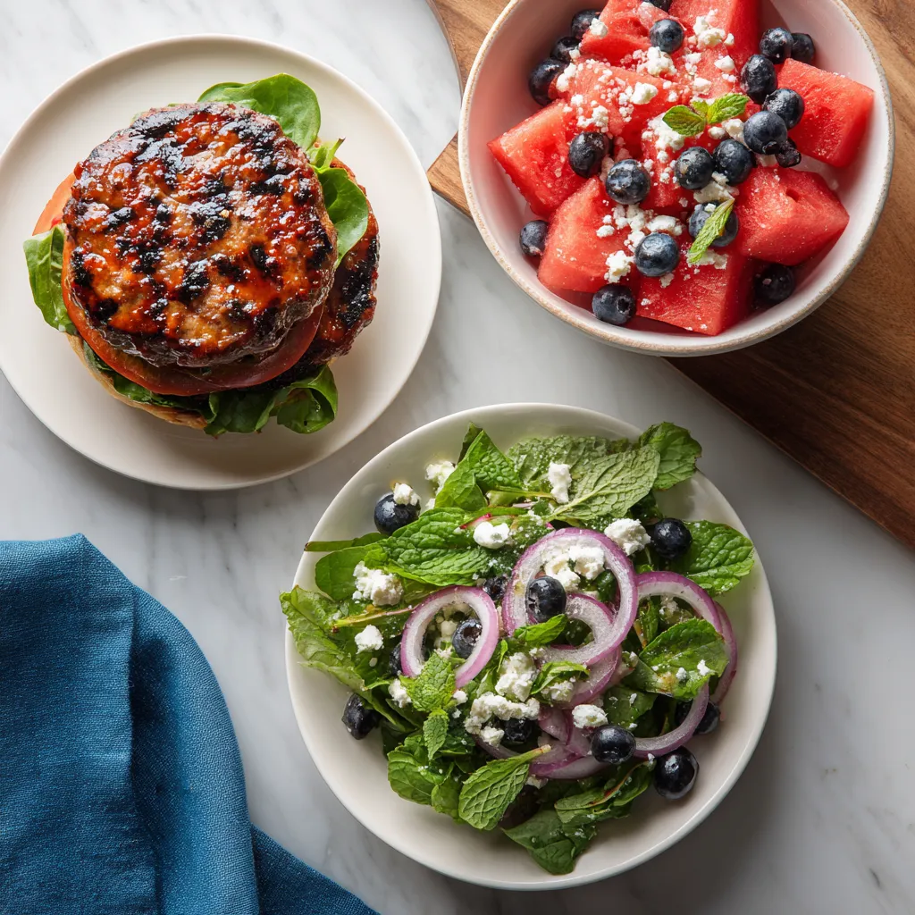 From above, you can see a generously topped burger on a white plate, with a blue napkin peeking in from the corner. Red hues from watermelon salad pop to the side with green mint leaves, interspersed with blueberries and white dots of feta. A grilled burger bun reveals aromatic patties veiled in golden BBQ sauce, layered with fresh lettuce, red tomato and a layer of caramelized onions.