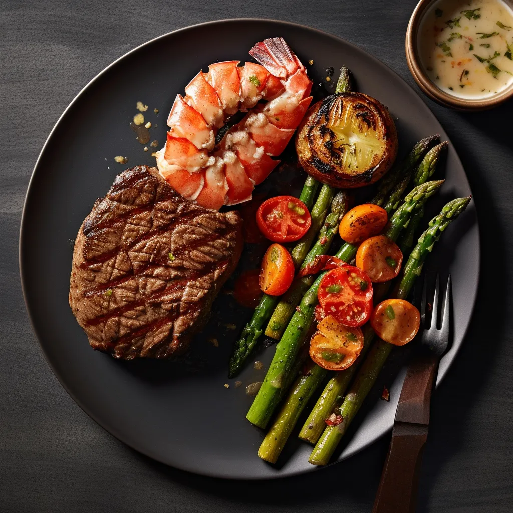 The finished dish should be visually stunning and sophisticated. The grilled steak and lobster tails should be artfully arranged on a large platter, glistening in the sunlight. On the side are charred asparagus and a colorful tomato salad.