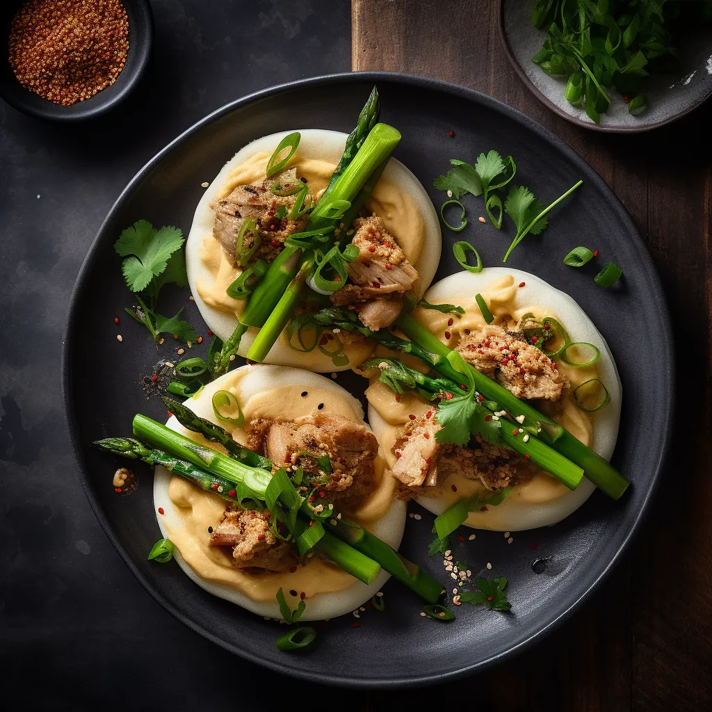 Two delicious steamed pork buns filled with juicy pork belly, scrambled egg, and sautéed spinach and asparagus.