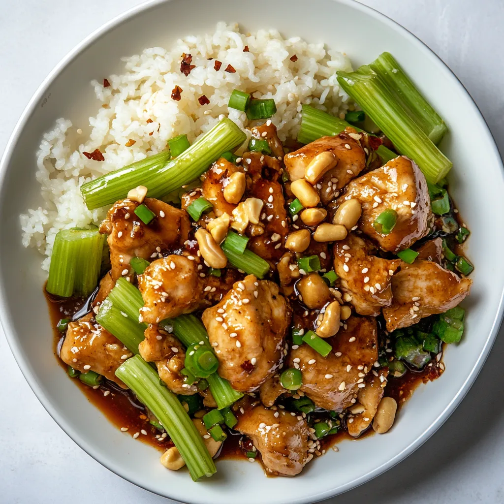 Plated on a pristine white dish, the celery chicken sparks interest with vibrant green celery slivers and deeply caramelized chicken slices. Roasted sesame peanuts add specks of earthy brown sprinkled throughout, with a final drizzle of dark sauce bringing everything together. A side of lightly steamed jasmin rice on one third of the dish provides a soothing white contrast.