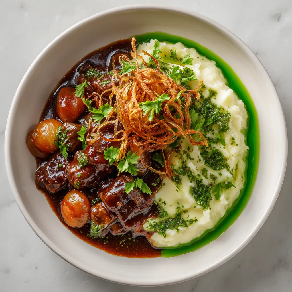 From above, a wide white bowl holds glossy deep-brown lamb stew on one side, dotted with carrots and pearl onions, beside a swoosh of pale-green colcannon. Vivid parsley oil is drizzled in emerald droplets around the plate, topped with a nest of crisp fried leeks and scattered parsley leaves for a dramatic St. Patrick’s Day finish.