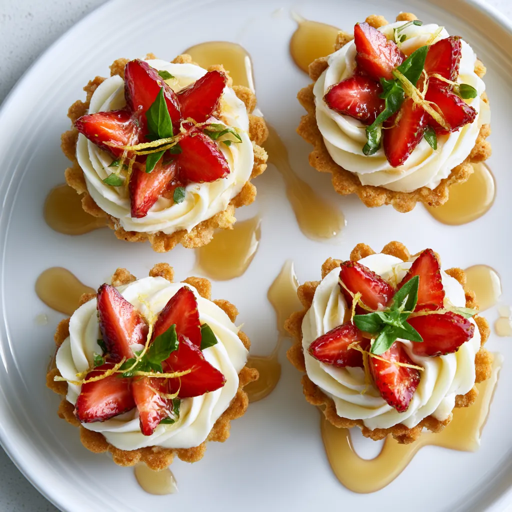 From above, four petite tartlets sit on white plates with pale golden corn-cookie crusts, ivory cheesecake filling swirled neatly, ruby strawberry slices fanned like petals, tiny basil leaves, wisps of lemon zest, and a glossy honey drizzle pooling artistically around each tart.