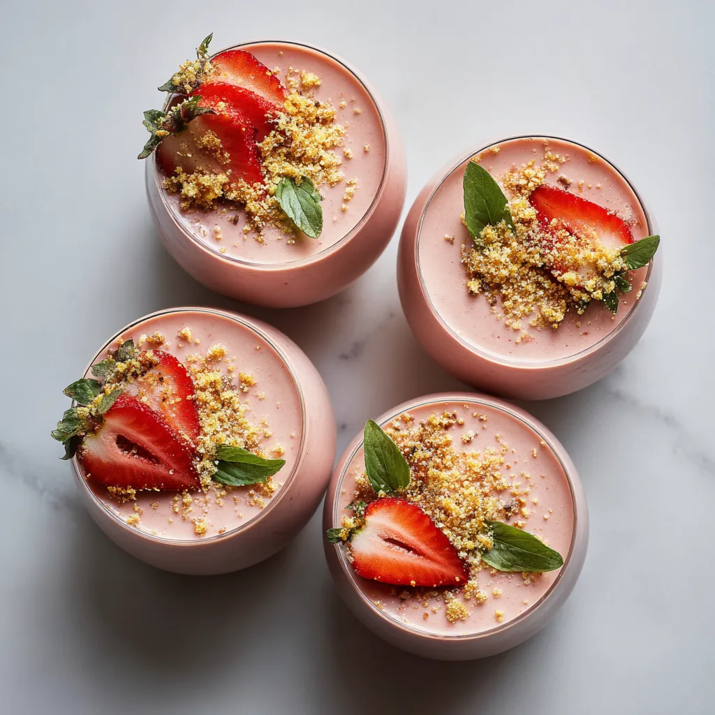 From above, four shallow stemless glasses hold a blush-pink smoothie with a velvety surface, each topped with a tiny basil leaf, a delicate swirl of ricotta, fine golden mushroom-almond dust, and a few neatly placed strawberry slices for a soft, romantic look.