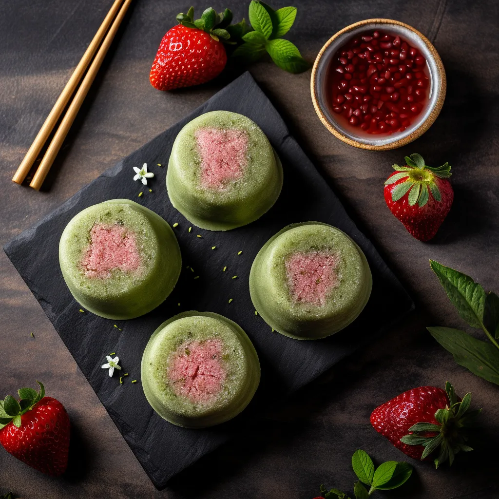 Four small round Mochi slices filled with strawberry paste and sitting on a bed of green tea.