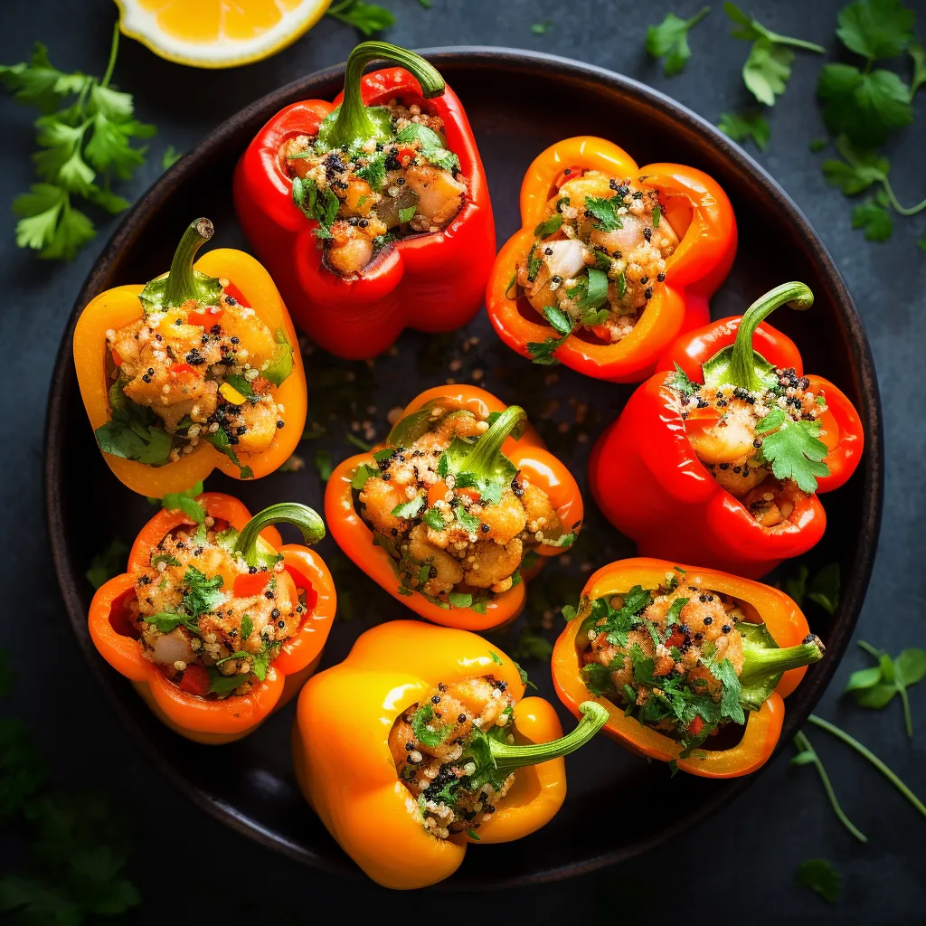 Colorful mini bell peppers filled with a savory turkey and quinoa mixture, topped with fresh herbs.