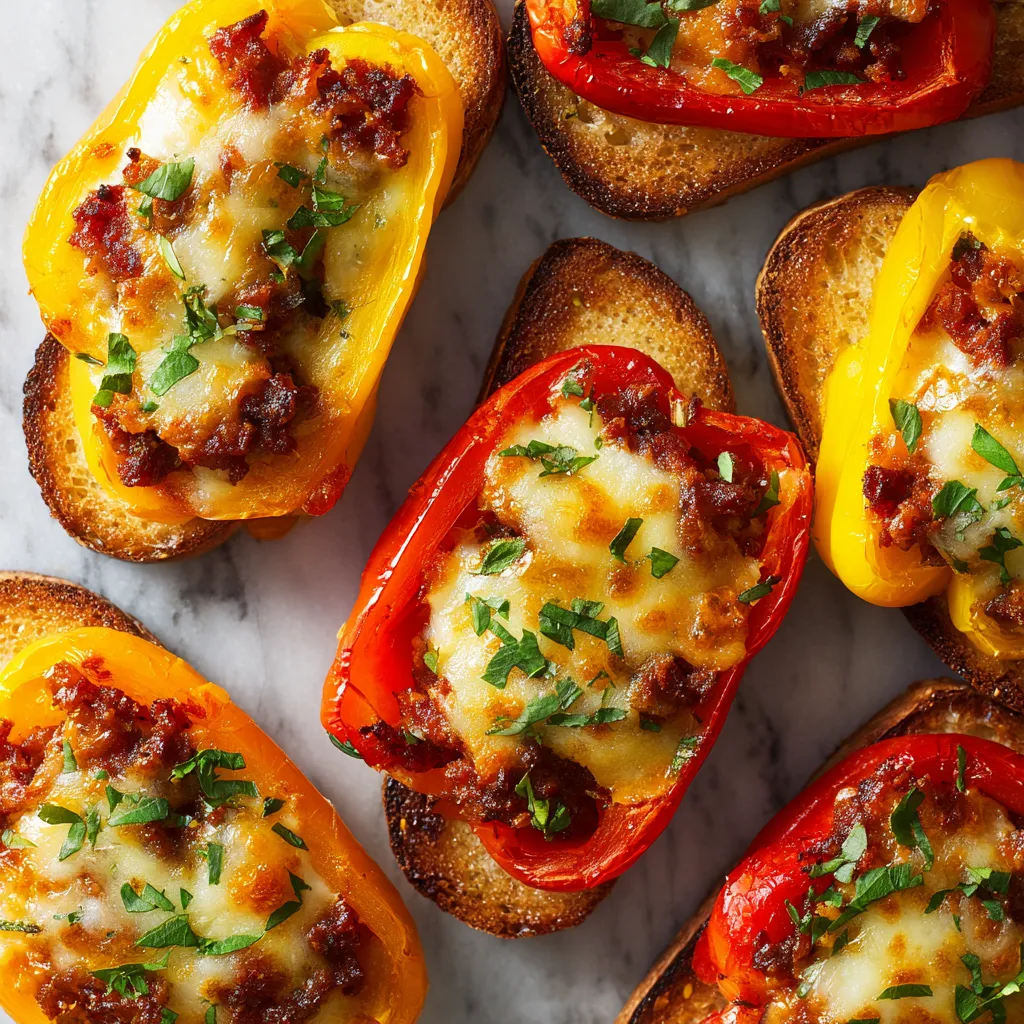 From above, it's a stunning mosaic of bell peppers in striking red, yellow, and orange hues, filled generously with golden-brown, melted manchego cheese that lightly blankets the chunks of chorizo tucked within. The rustic crust of the bread slices provide a lovely toasted-brown frame around each pepper, emphasizing its rich, sunglow color.