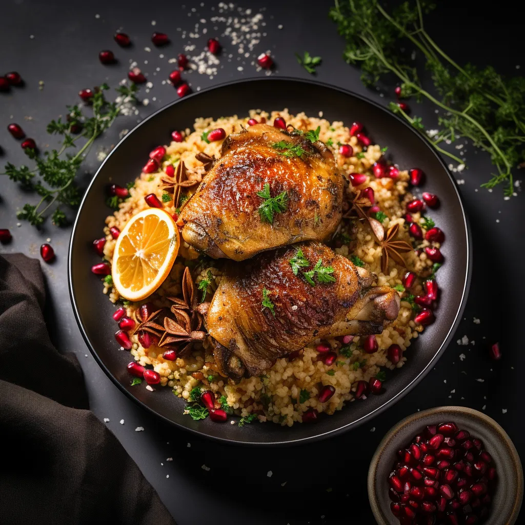 A beautifully roasted chicken served on a bed of fluffy couscous pilaf, garnished with fresh herbs and pomegranate seeds.