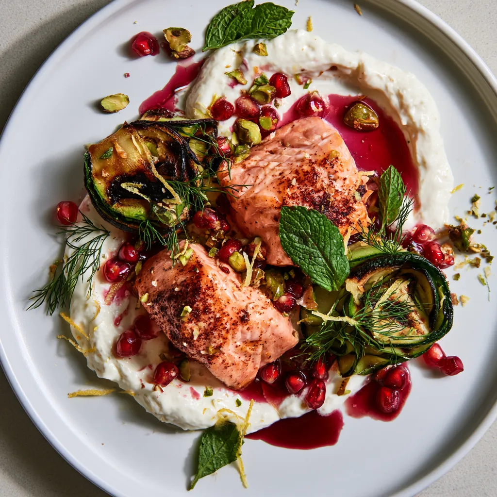 From above, a wide white plate holds a swoosh of pale whipped feta cream topped with blush-pink salmon fillets, dark grill-kissed zucchini ribbons curled into loose nests, scattered ruby pomegranate seeds, chopped pistachios, mint leaves, dill fronds, lemon zest, and a glossy drizzle of deep garnet pomegranate reduction.
