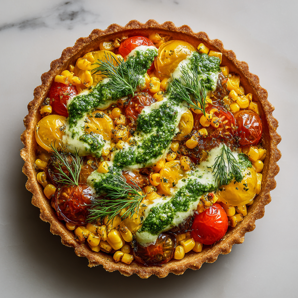 Summer Corn & Tomato Tart with Dill Pesto