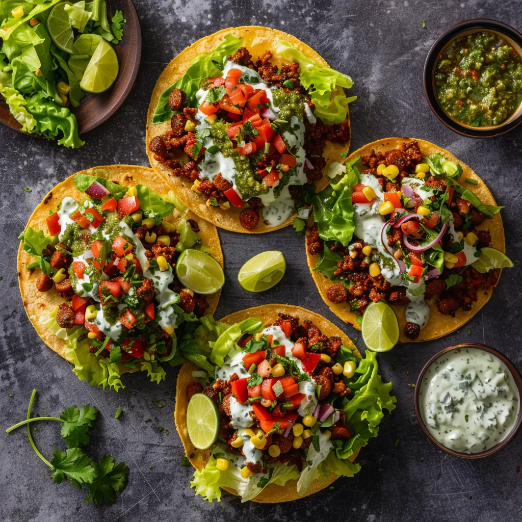 From above, vibrant contrasting colors tease the tastebuds: the dark, rich red of spiced chorizo peeks through a lively mix of bright green lettuce, creamy white chive lime crema, and the bold sprinkle of multicolored salsa verde. The open-faced corn tortilla holds an explosion of summer flavors, ready to be folded and enjoyed.