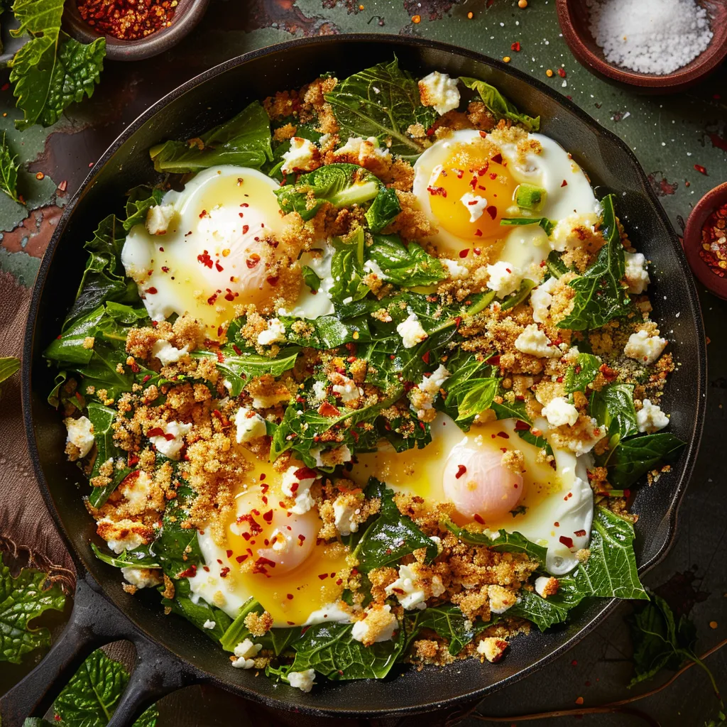 A sun-illuminated skillet overflowing with vibrant greens and golden-browned breadcrumbs, adorned with delicate, symmetrically-placed soft poached eggs on top, a drizzle of hollandaise sauce, sprinkles of red chili flakes, and a smattering of crumbled feta just begging to be dug into. All beautifully contrasted against a rustic table setting.