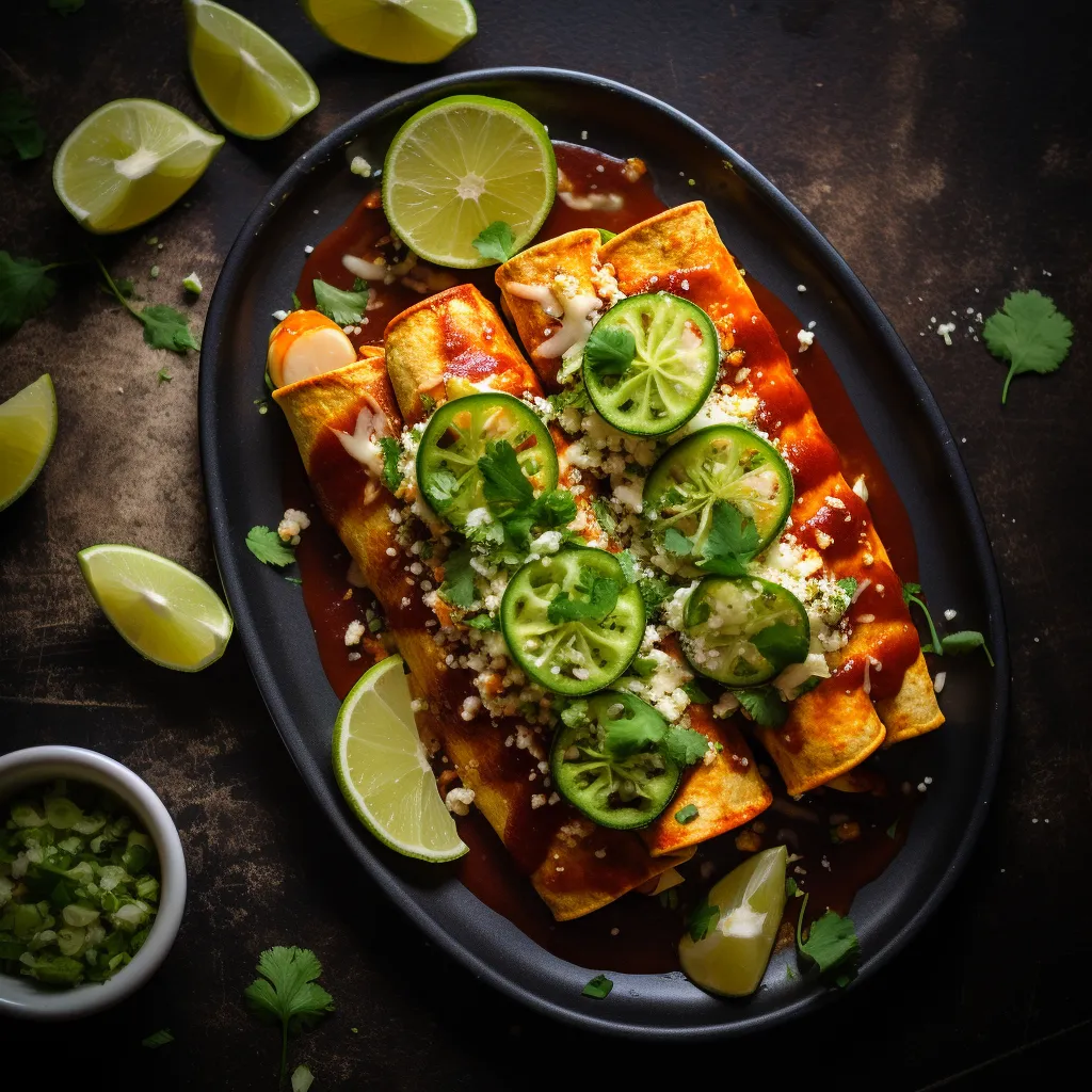 A colorful plate of enchiladas filled with sautéed summer squash, cheese, and topped with a vibrant homemade enchilada sauce. Garnished with cilantro and a squeeze of lime.