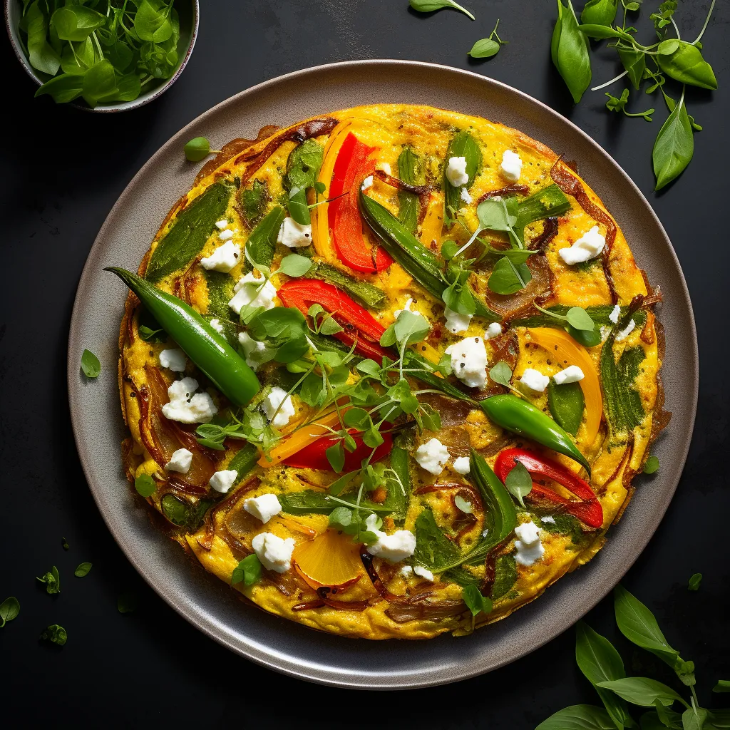 A golden brown Frittata, topped with vibrant green asparagus spears and colorful bell peppers, sprinkled with crumbled goat cheese and garnished with fresh basil leaves.