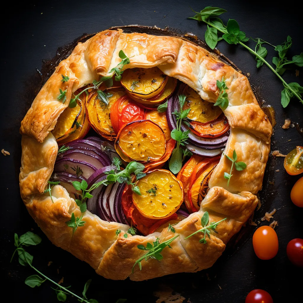 A golden, flaky galette crust with vibrant colors of fresh vegetables on top.