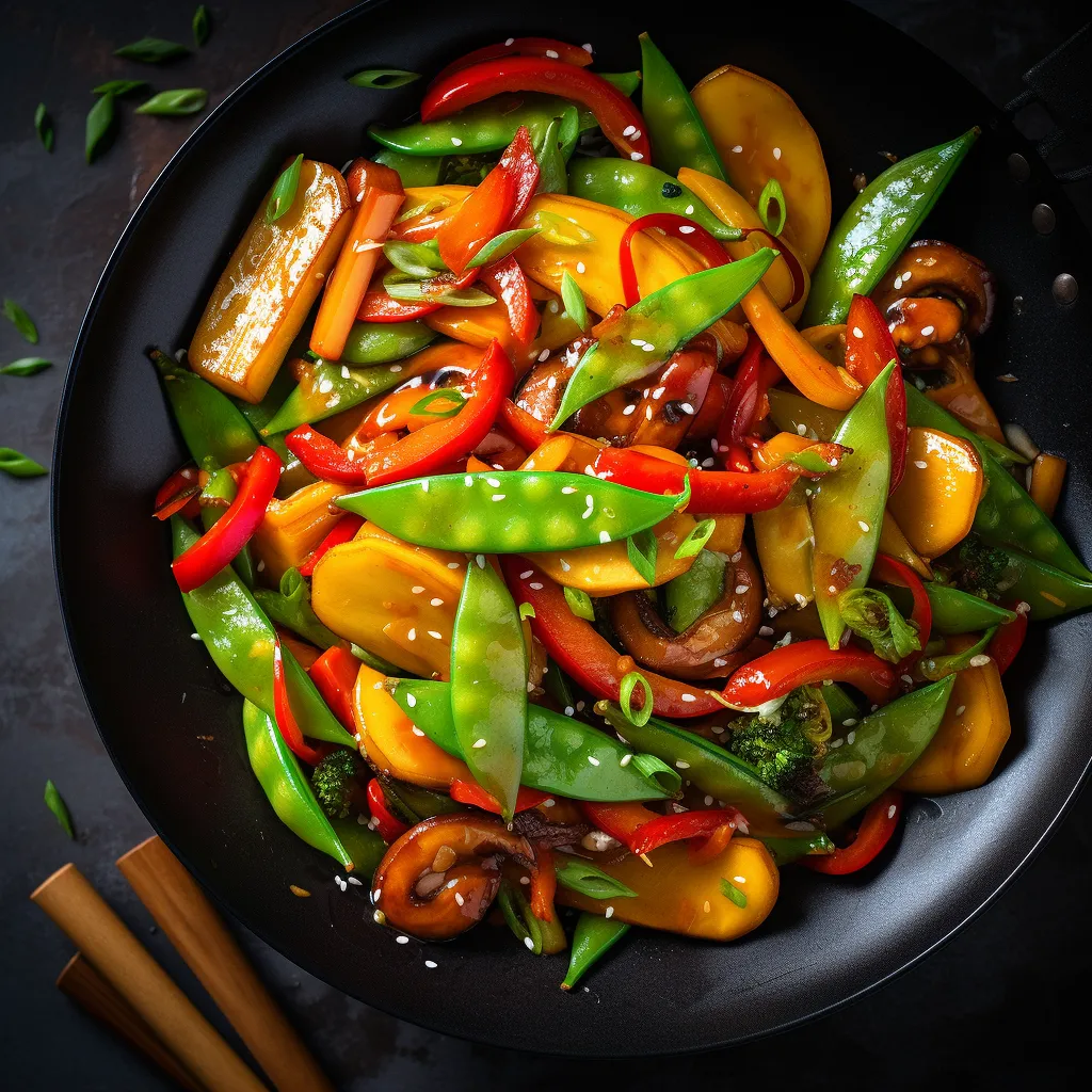A colorful array of stir-fried vegetables in a glossy and flavorful sauce.
