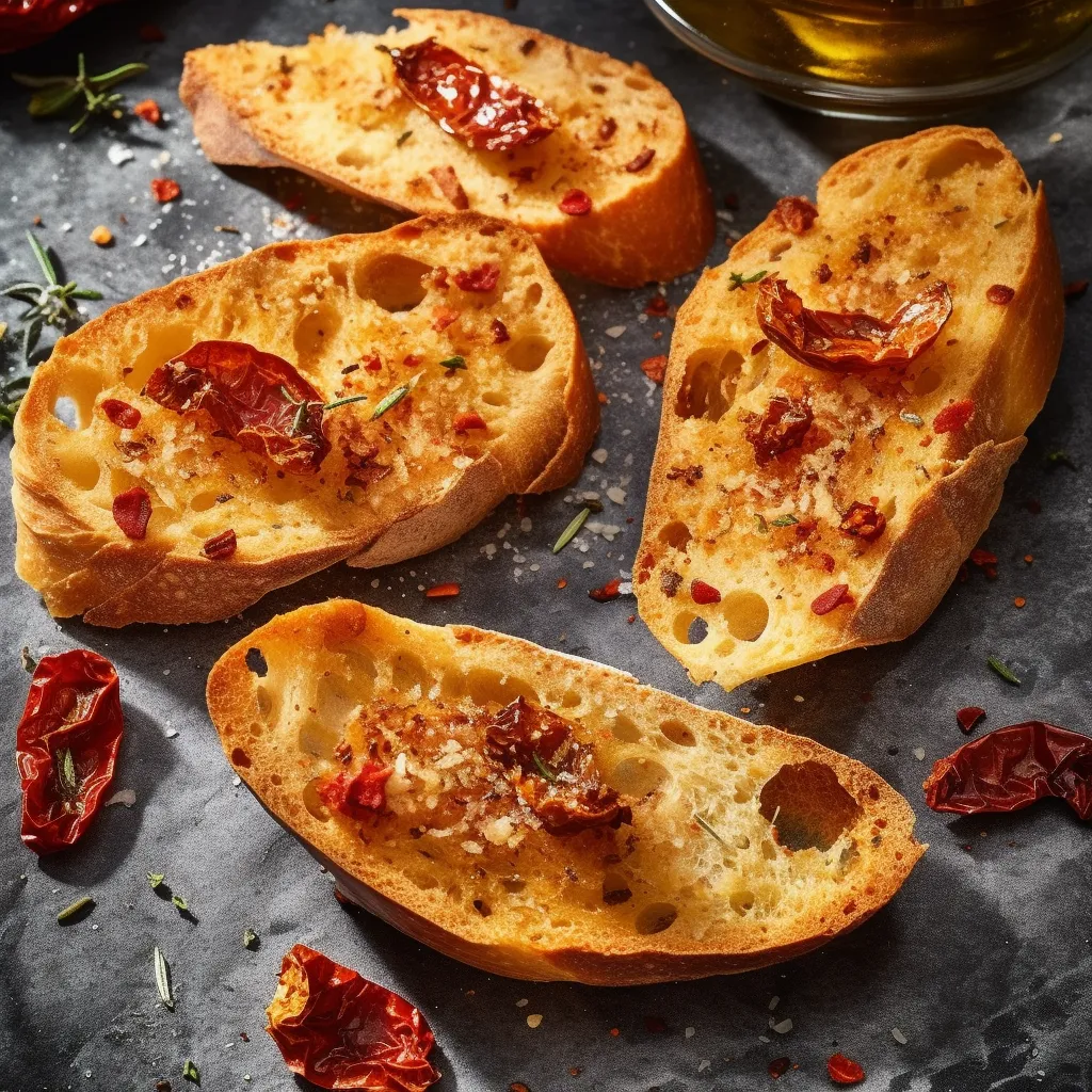 Crusty bread with dotted pieces of sun-dried tomatoes and garlic.