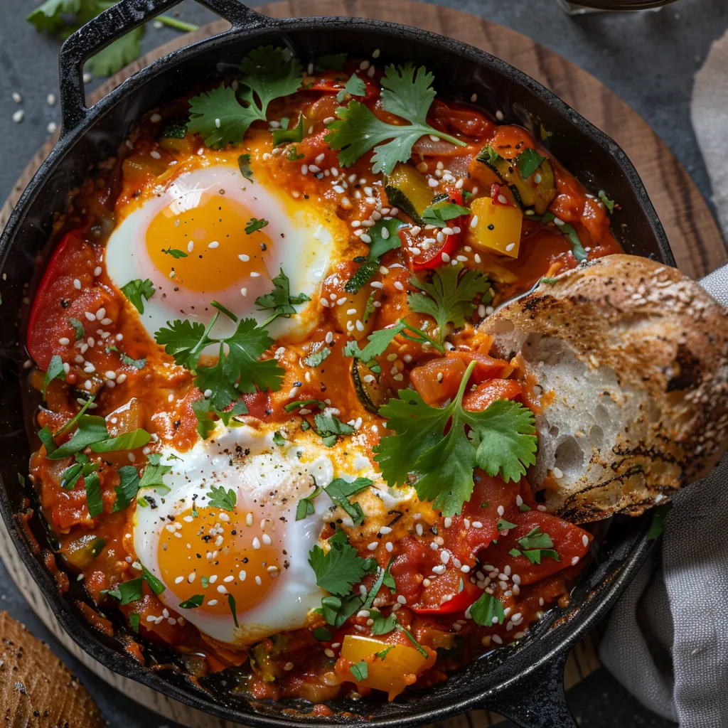 A colorful sizzling pan filled with a thick, chunky tomato sauce laced with bell peppers, courgettes, and rusticly flaked trout topped with two perfectly poached eggs, toasty sesame seeds, and vibrant sprinkle of cilantro. Served with crusty sourdough to the side for a delightful insta-worthy food art.