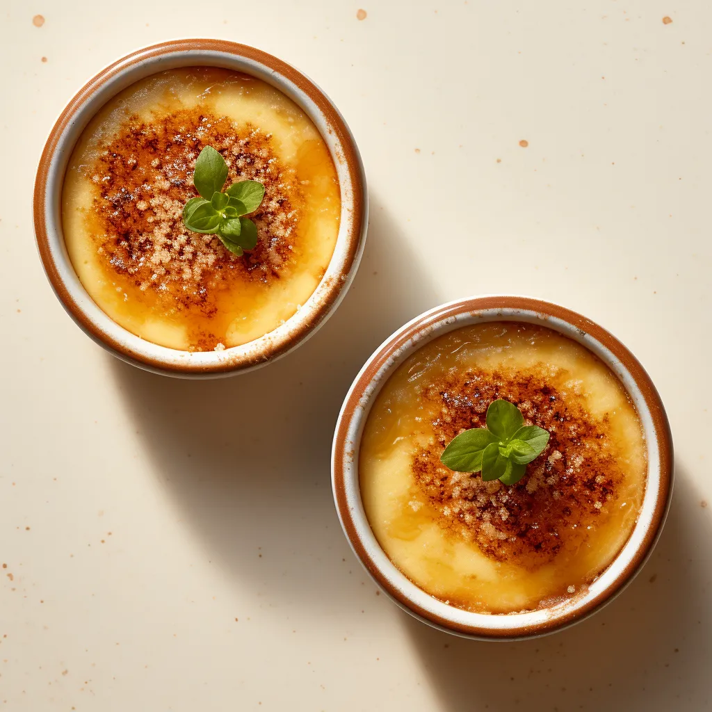 A duo of ramekins showcasing a golden caramel top covering a creamy, off-white custard. Each ramekin is adorned with a thin sunchoke chip. The elegant simplicity invites the eater to break through the caramelized sugar layer to discover the velvety custard below.