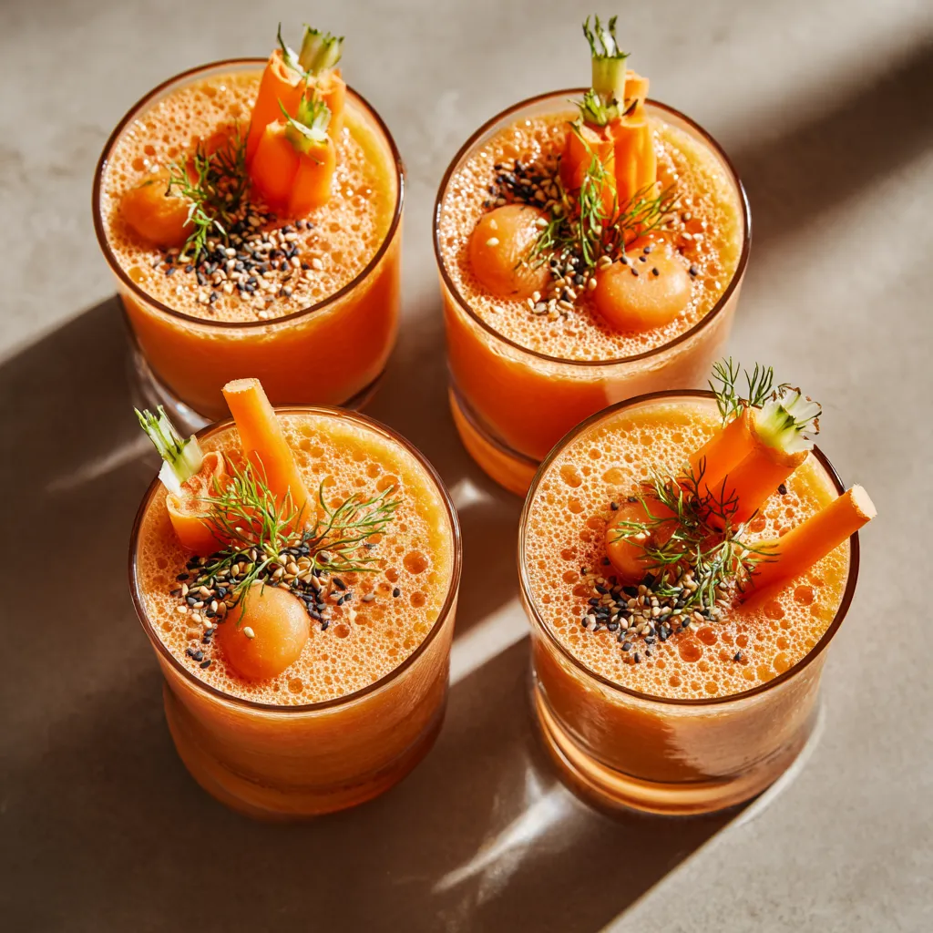 From above, four clear glasses glow in soft sunset-orange tones, topped with a creamy swirl, tiny black sesame seeds, paper-thin carrot ribbons, and small melon crescents perched on the rims, with beads of condensation making everything look icy and luxurious.