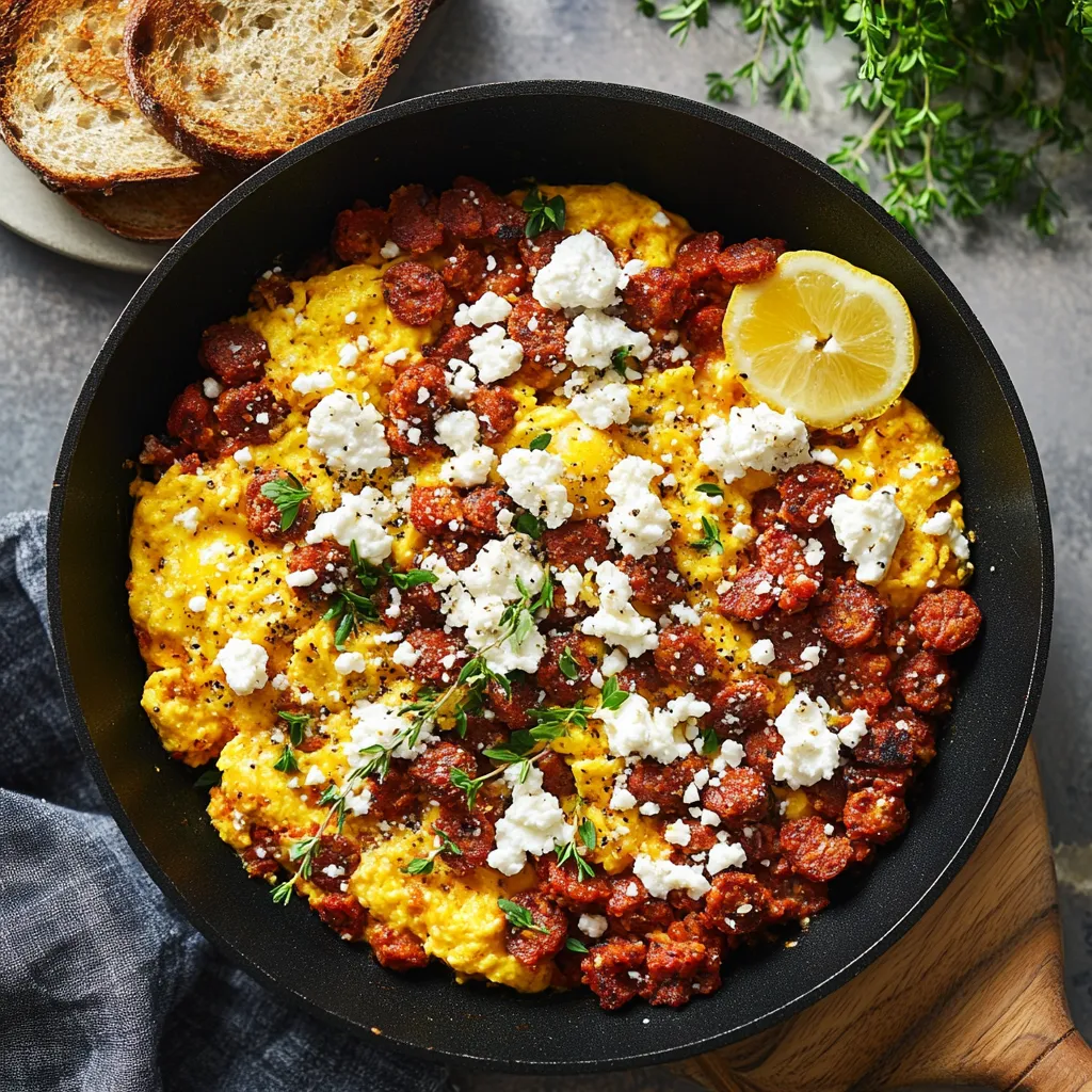 Vibrant yellow scrambled eggs nestled in a golden-brown crust, surrounded by red chorizo chunks and white crumbles of feta cheese. Garnished with fresh lemon thyme leaves and a side of toasted multigrain bread.