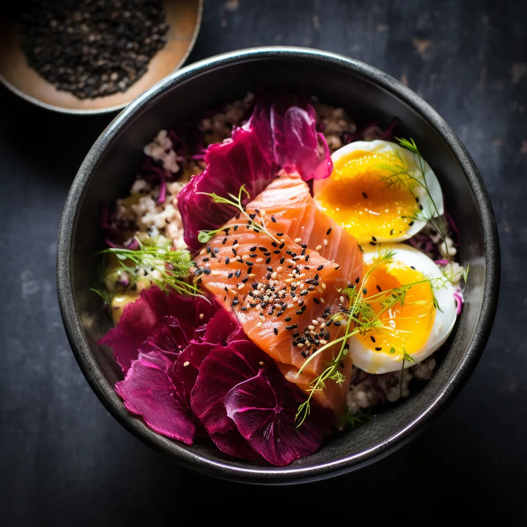 A beautiful deep bowl brimming with the sunrise hues of egg yolk, radicchio, and brown-sugar cured salmon, dotted with toasted sesame seeds and framed by fresh sous vide radicchio. The startling contrast of colors offers an almost abstract art-like appeal.