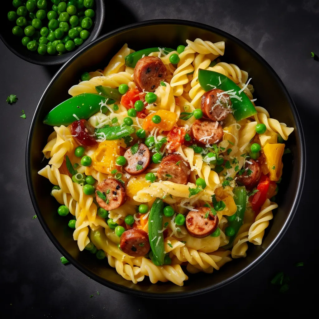 A colorful pasta dish with yellow bell peppers, green peas, and sliced sausage in a creamy sauce.