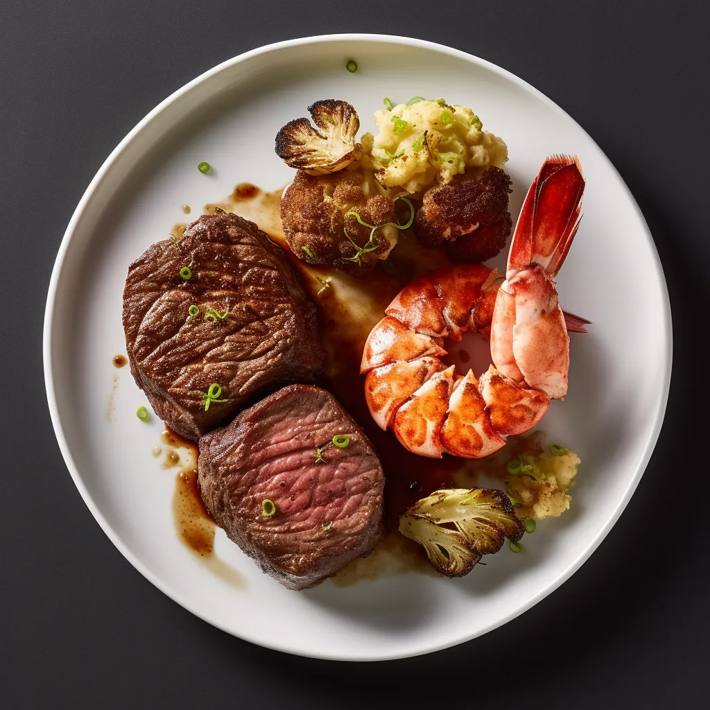 A beautifully plated dish featuring a perfectly cooked lobster tail and a medallion of beef tenderloin, served on a bed of truffle mashed potatoes, and accompanied by crispy brussels sprouts.