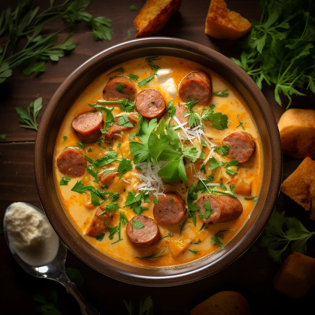 A vibrant bowl of deep orange-brown soup topped with fresh green herbs and a swirl of cooling cream. The hearty chunks of potato and smoked sausage peek from beneath the surface, while a sprinkle of vibrant red cajun spice on top signals a flavorful adventure.