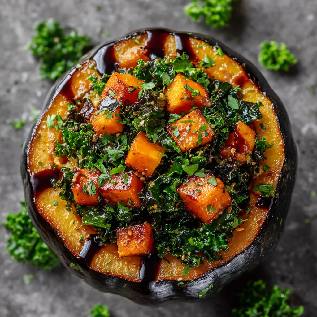 One half of a roasted acorn squash filled with a mixture of caramelized sweet potatoes and kale. The orange from the sweet potatoes contrasts beautifully with the green kale, topping the golden brown acorn squash. It's garnished with a sprinkle of chopped parsley and a drizzle of dark balsamic glaze.