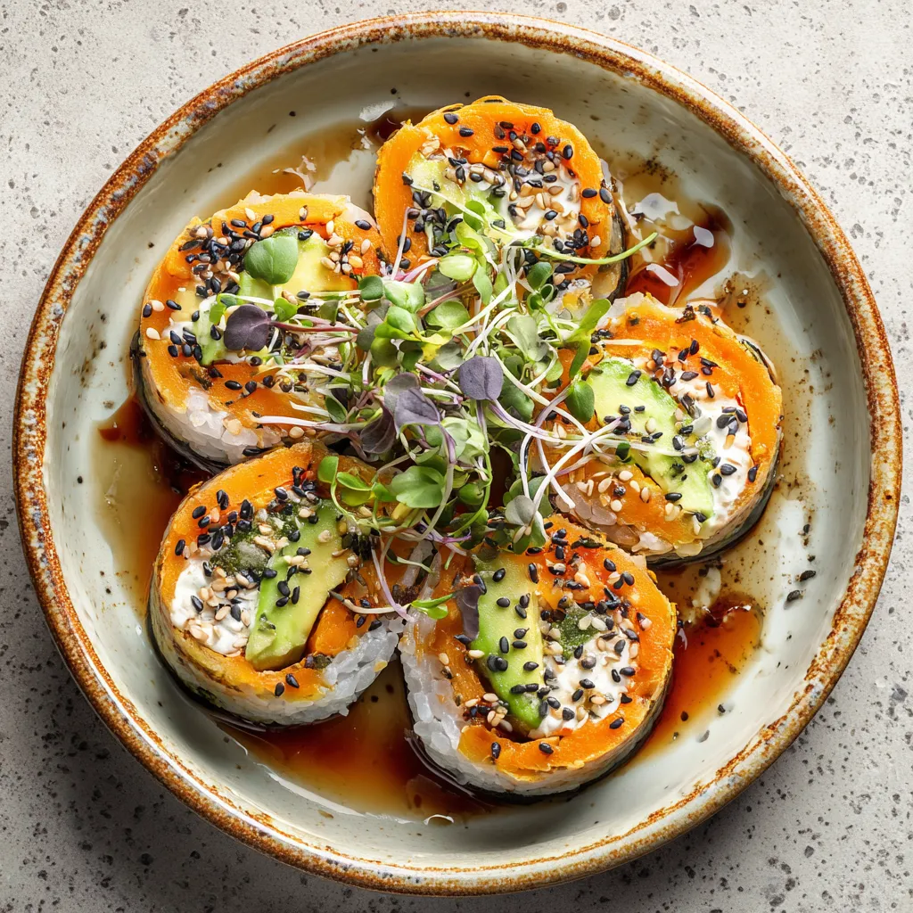Four sliced sushi rolls placed in a well-lit porcelain dish, revealing vibrant layers of orange sweet potato, creamy avocado, and contrasting white cream cheese. These are sprinkled with black sesame seeds and garnished with a delicate pinch of microgreens, all against the backdrop of a rich soy-maple drizzle.