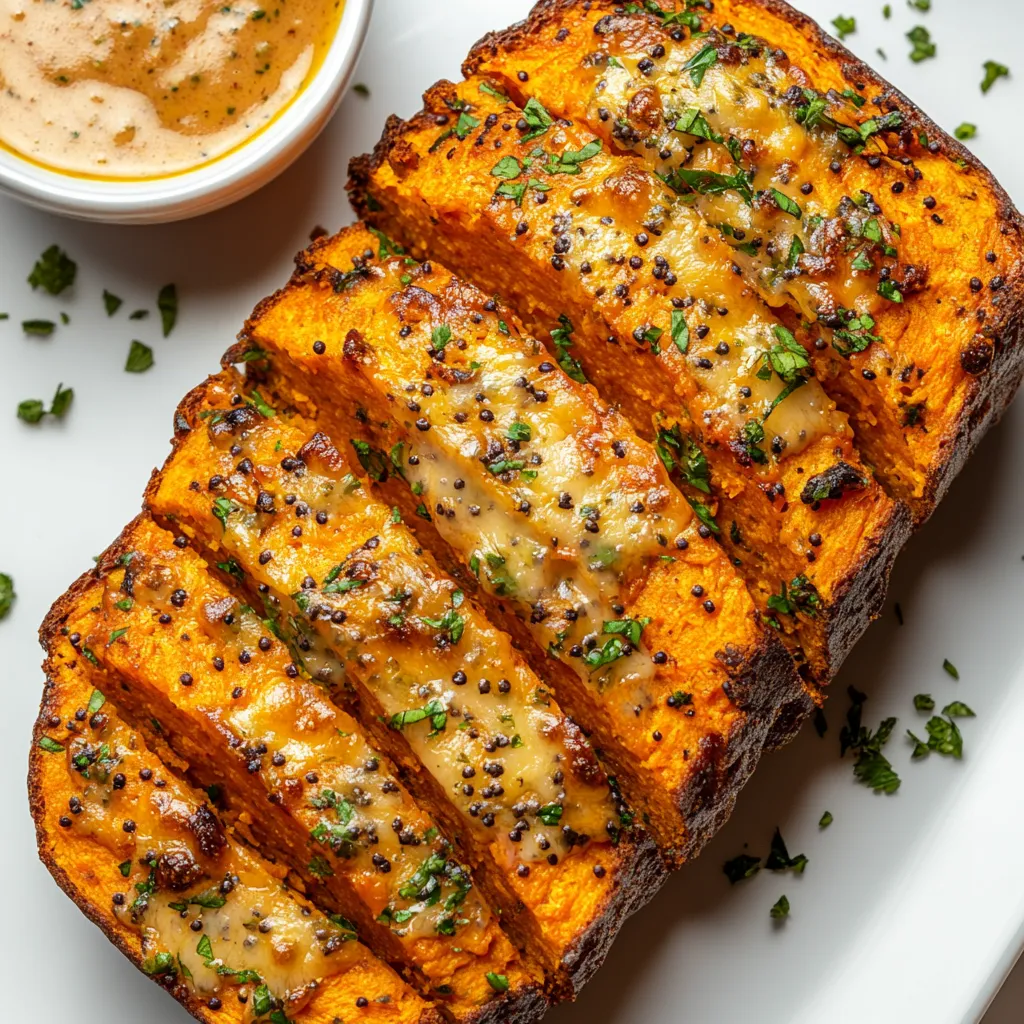 A flat, golden-brown artisanal loaf with a crackling crust subtly garnished with carom seeds. Cut into slices, it reveals a tender, bright orange interior, specked with melting cheese and green herbs. The bread sits against a clean white plate, next to a dipping sauce.